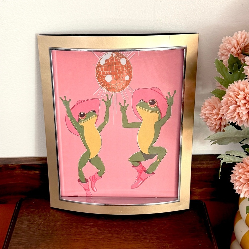 Disco Dancing Frogs Disco Mirror Ball Cowboy Boots Hats Framed Canvas Print Art